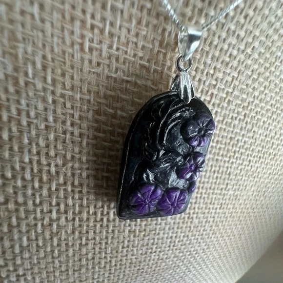 Arch Shaped Deer and Flowers Sugilite Pendant on Sterling Silver Box Chain - Picture 10 of 16